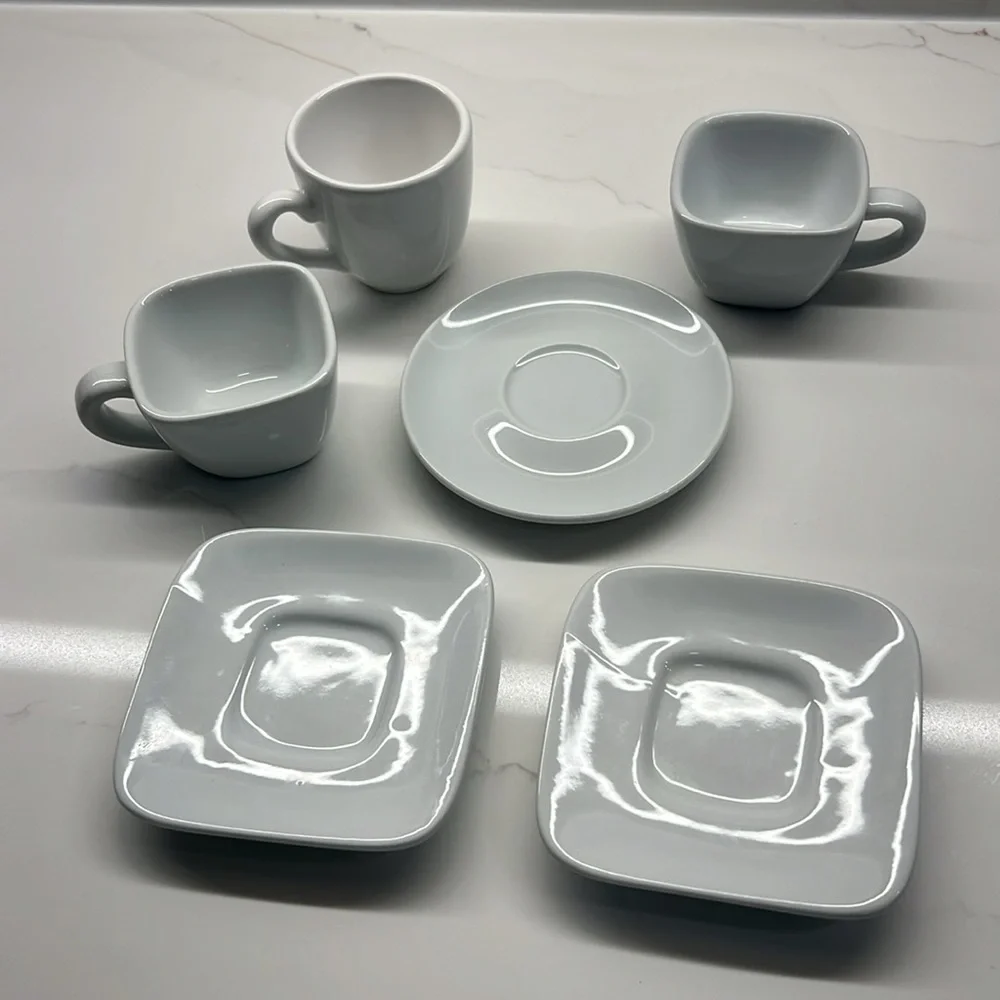 2 Crate & Barrel via Cordon Bleu Espresso Cups + Saucers & 1 round Portugal set